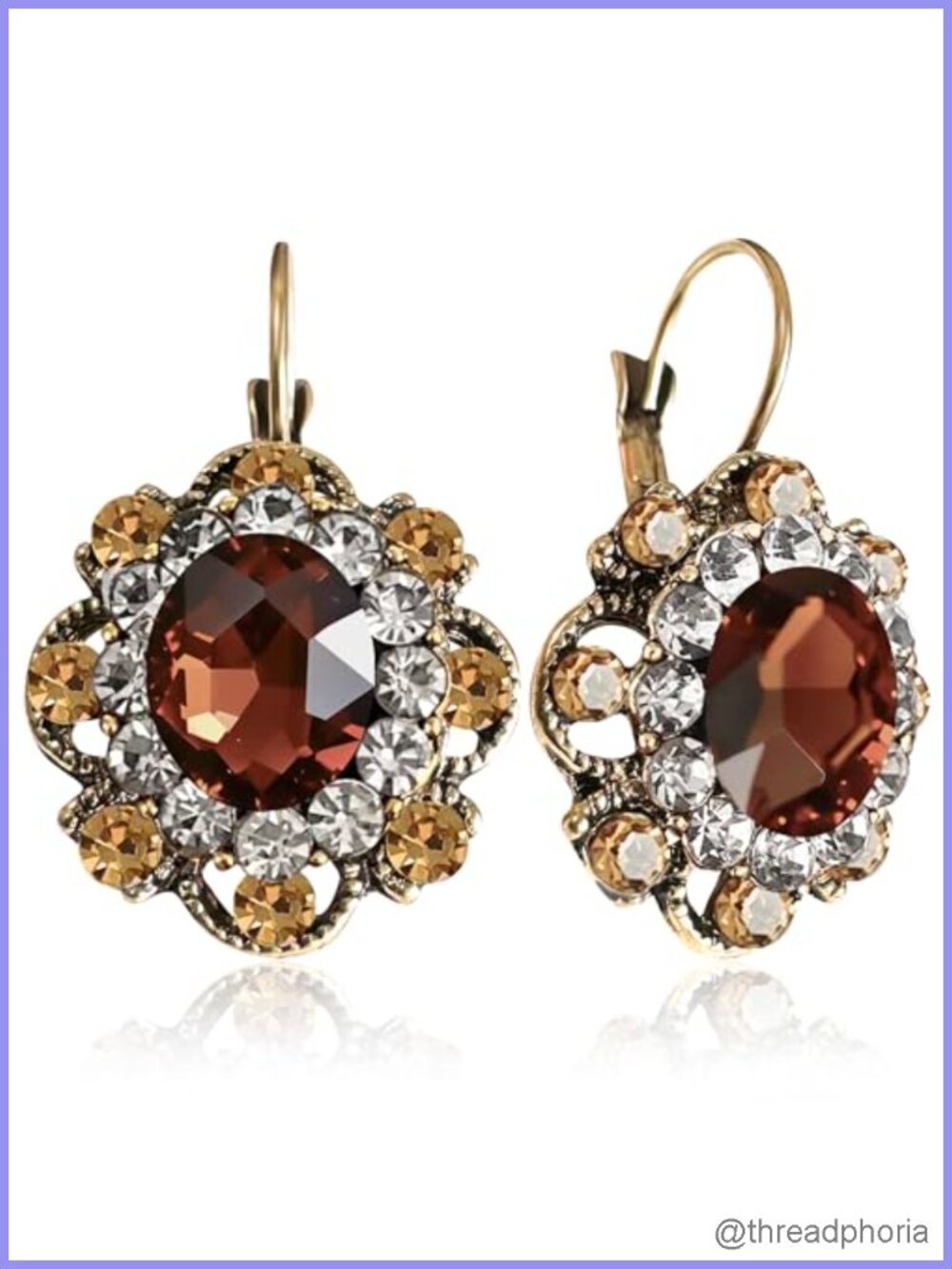 Vintage Gold Sparkly Crystal Round Flower Leverback Dangle Earrings Boho